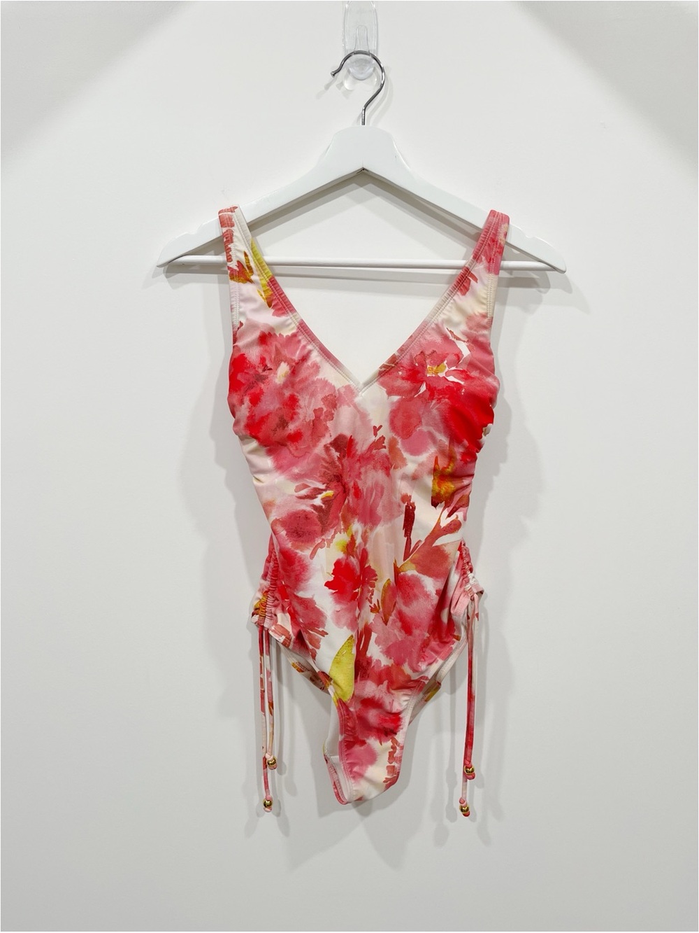 Shade & Shore Pink Floral Ruched V-Neck One Piece Swimsuit